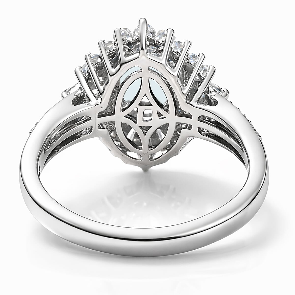 D'Joy Premium Santamaria Aquamarine and Moissanite 2.00 ctw Radiant Bloom Floral Ring in Rhodium Over Sterling Silver (Size 6.0)