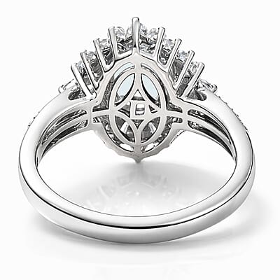 D'Joy Premium Santamaria Aquamarine and Moissanite 2.00 ctw Radiant Bloom Floral Ring in Rhodium Over Sterling Silver (Size 6.0)