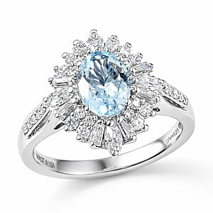 D'Joy Premium Santamaria Aquamarine and Moissanite 2.00 ctw Ring in Rhodium Over Sterling Silver (Size 7.0)
