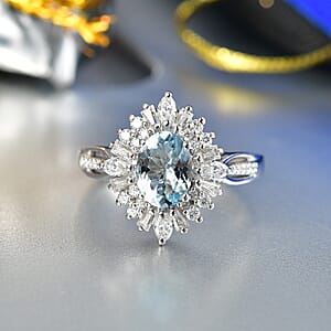 D'Joy Premium Santamaria Aquamarine and Moissanite 2.00 ctw Ring in Rhodium Over Sterling Silver (Size 7.0)