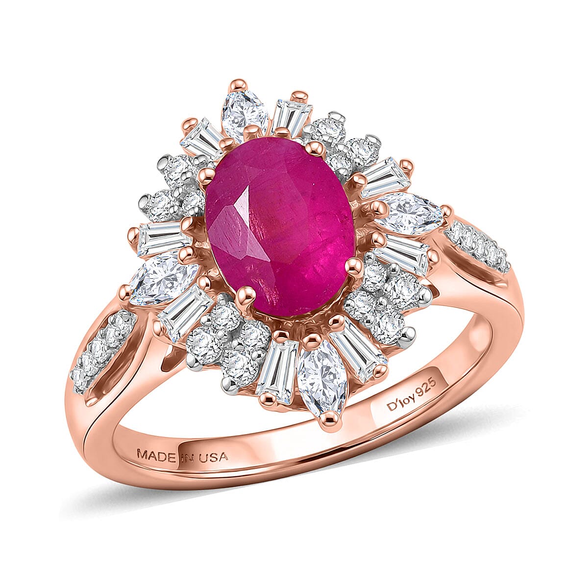 D'Joy Premium Mozambique Ruby and Moissanite 2.15 ctw Radiant Bloom Floral Ring in 18K Vermeil Rose Gold Over Sterling Silver (Size 10.0)