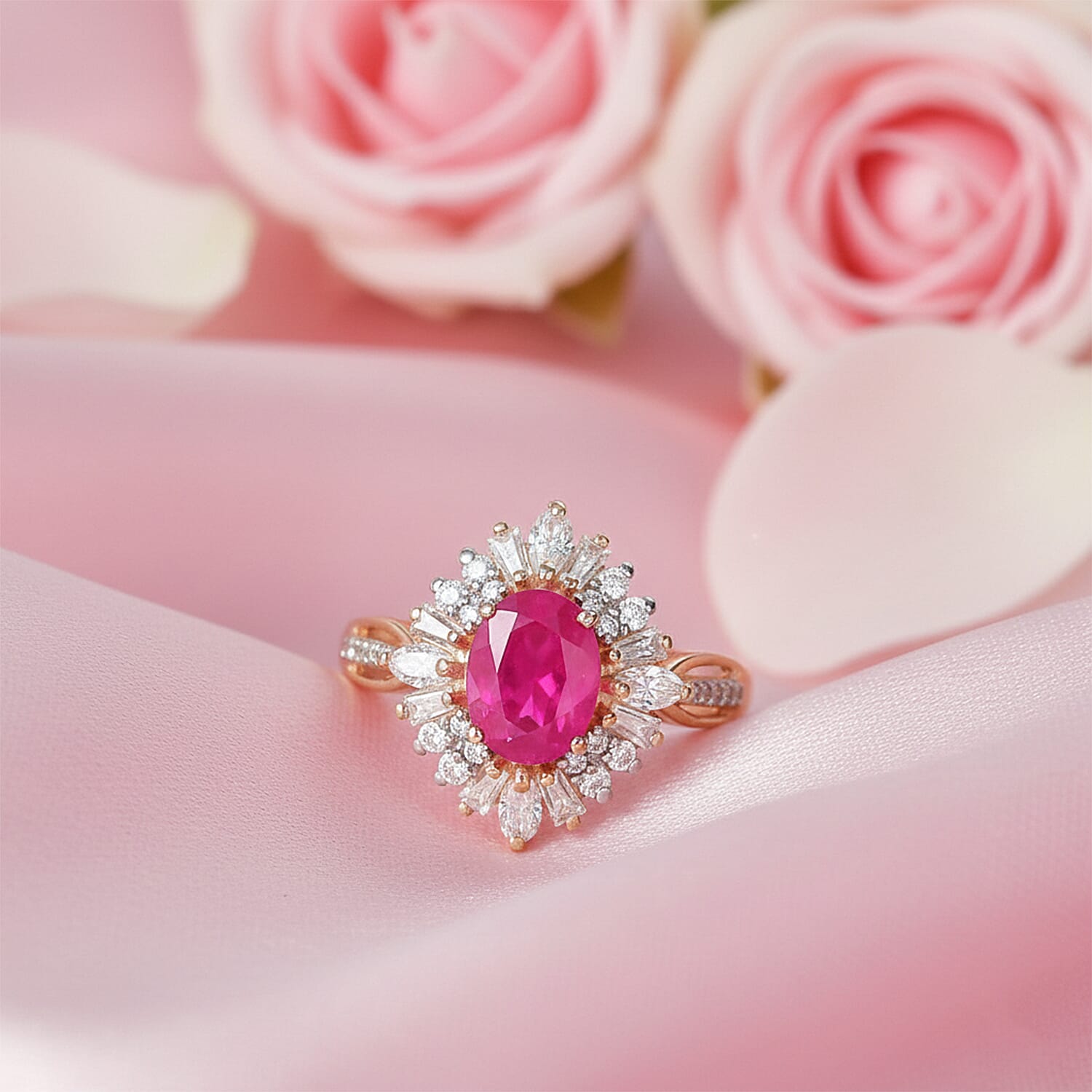 D'Joy Premium Mozambique Ruby and Moissanite 2.15 ctw Radiant Bloom Floral Ring in 18K Vermeil Rose Gold Over Sterling Silver (Size 10.0)