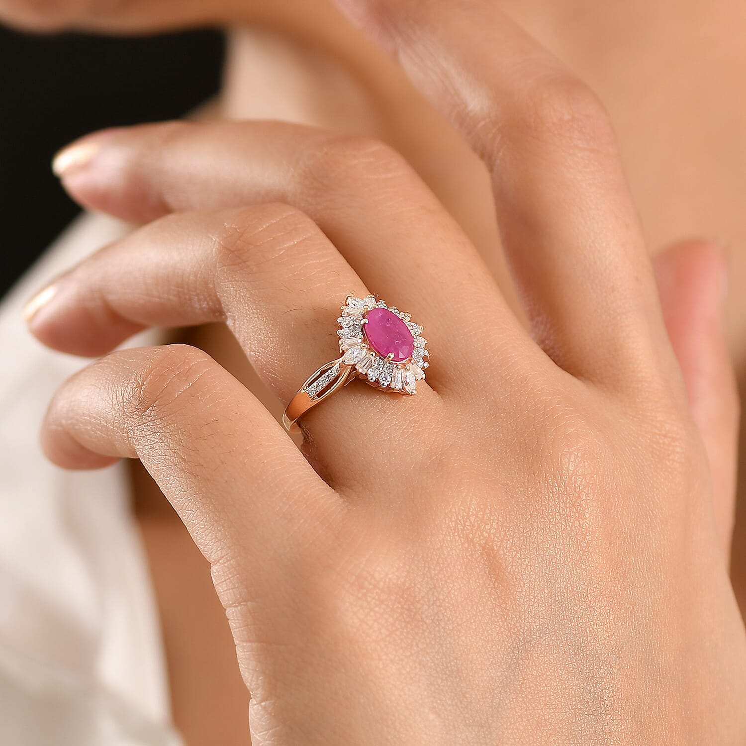 D'Joy Premium Mozambique Ruby and Moissanite 2.15 ctw Radiant Bloom Floral Ring in 18K Vermeil Rose Gold Over Sterling Silver (Size 10.0)