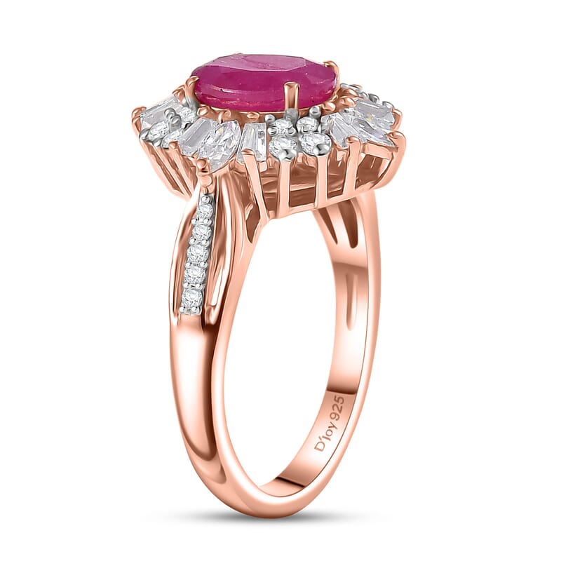 D'Joy Premium Mozambique Ruby and Moissanite 2.15 ctw Radiant Bloom Floral Ring in 18K Vermeil Rose Gold Over Sterling Silver (Size 10.0)