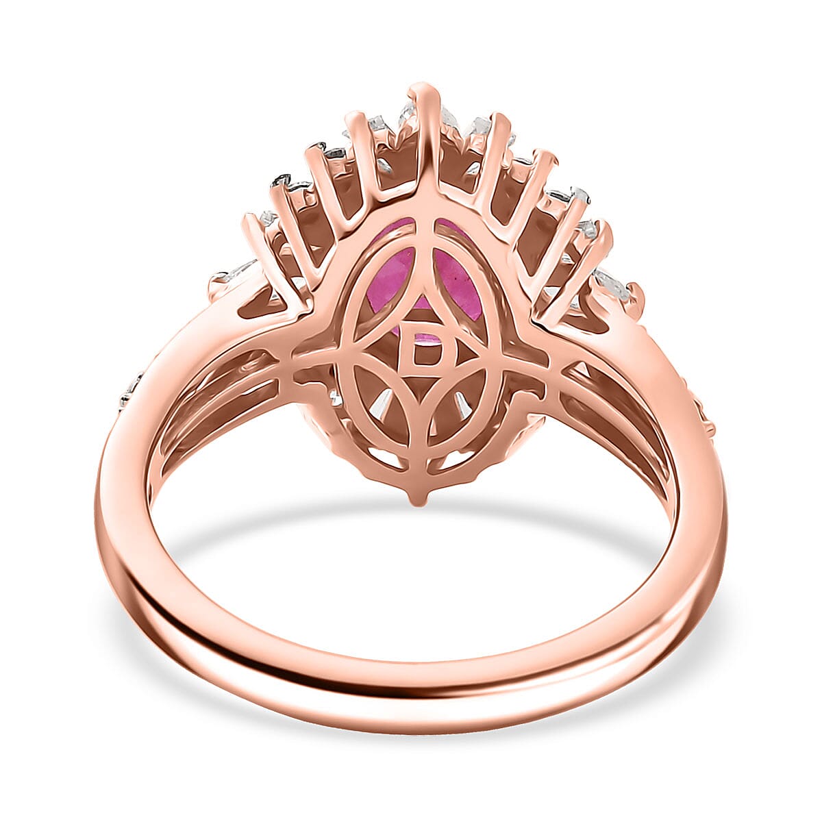D'Joy Premium Mozambique Ruby and Moissanite 2.15 ctw Radiant Bloom Floral Ring in 18K Vermeil Rose Gold Over Sterling Silver (Size 10.0)