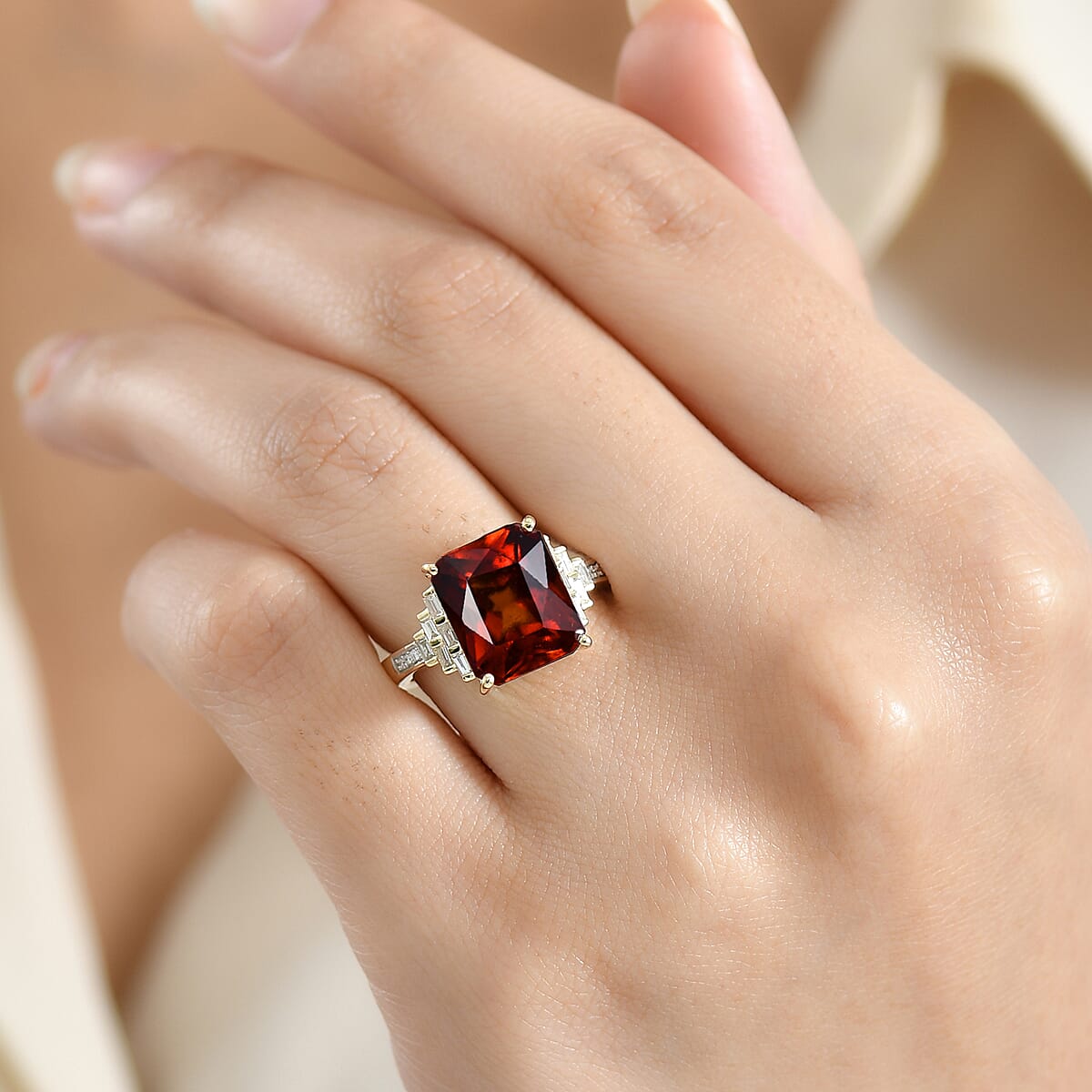 AAA Ceylon Honey Garnet and Luxuriant Lab Grown Diamond E-F VS 9.25 ctw Crown Royale Ring in 10K Yellow Gold (Size 6.0) 4.60 Grams image number 2