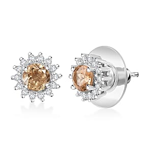 D'Joy Imperial Garnet, Moissanite Sunburst Earrings in Rhodium Over Sterling Silver 1.40 ctw