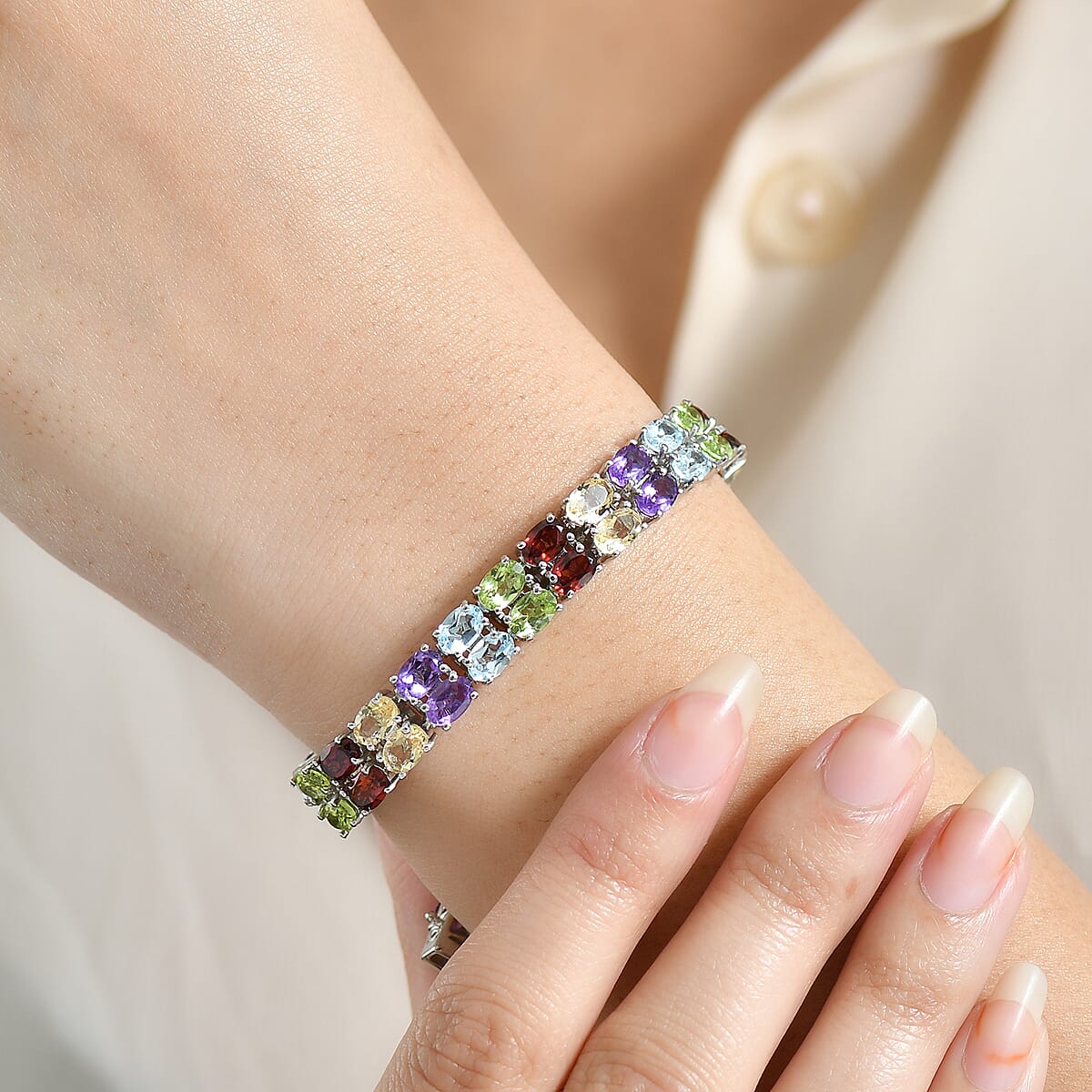 EverTrue Multi Gemstone 30.90 ctw Two Row Carpet Bracelet in Platinum Bond (8.00 In) image number 2