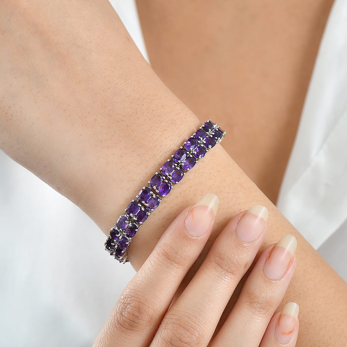 EverTrue African Amethyst 27.10 ctw Two Row Carpet Bracelet in Platinum Bond (8.00 In) image number 2