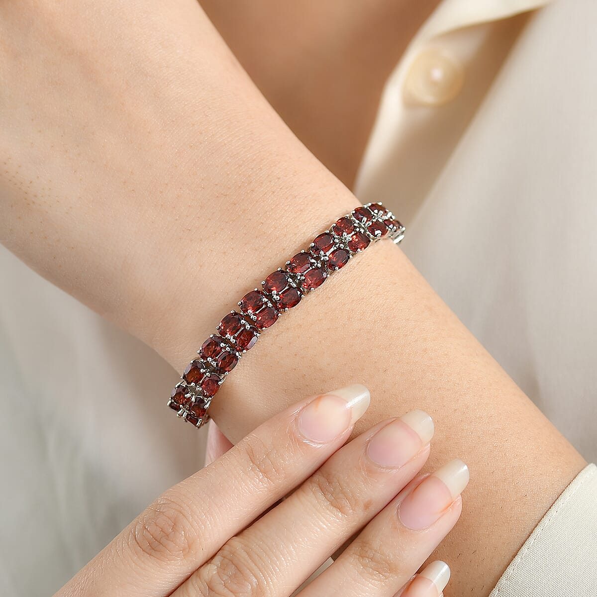EverTrue Mozambique Garnet 36.35 ctw Two Row Carpet Bracelet in Platinum Bond (8.00 In) image number 2
