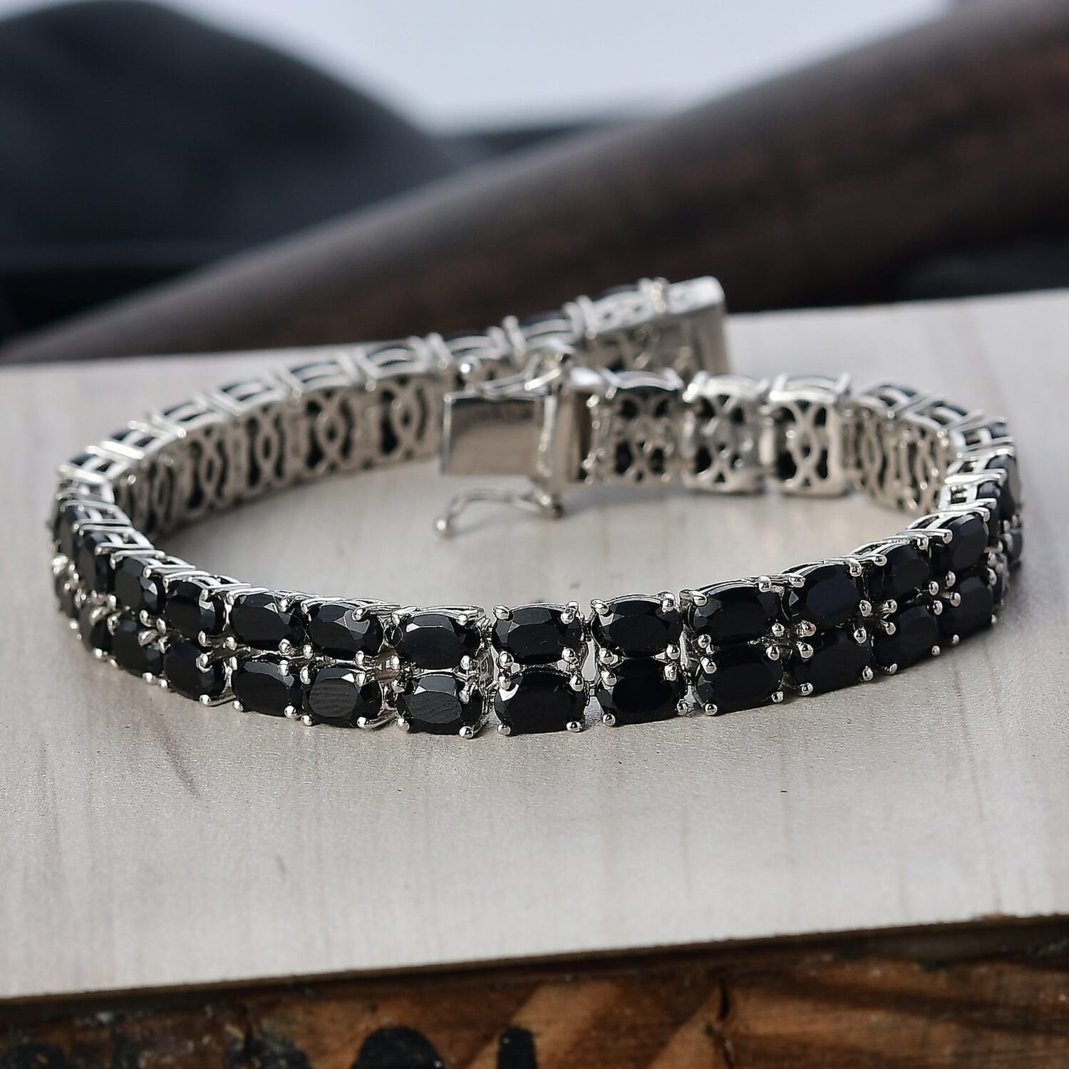  EverTrue Thai Black Spinel 34.50 ctw Two Row Carpet Bracelet in Platinum Bond (8.00 In)