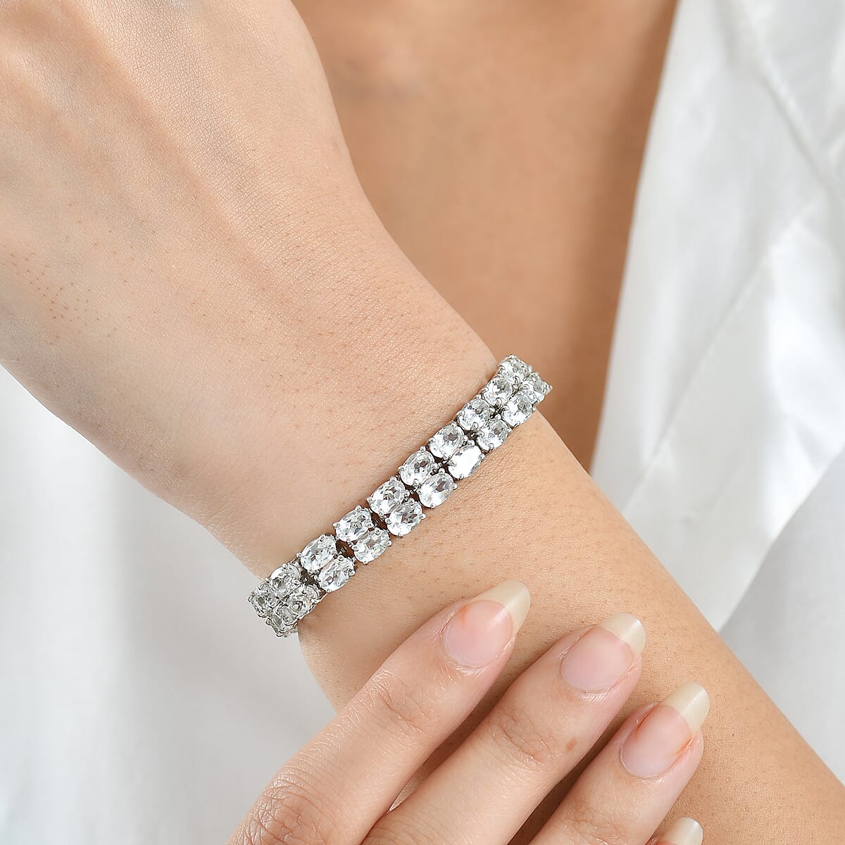 EverTrue White Topaz 37.25 ctw Two Row Carpet Bracelet in Platinum Bond (8.00 In) image number 2