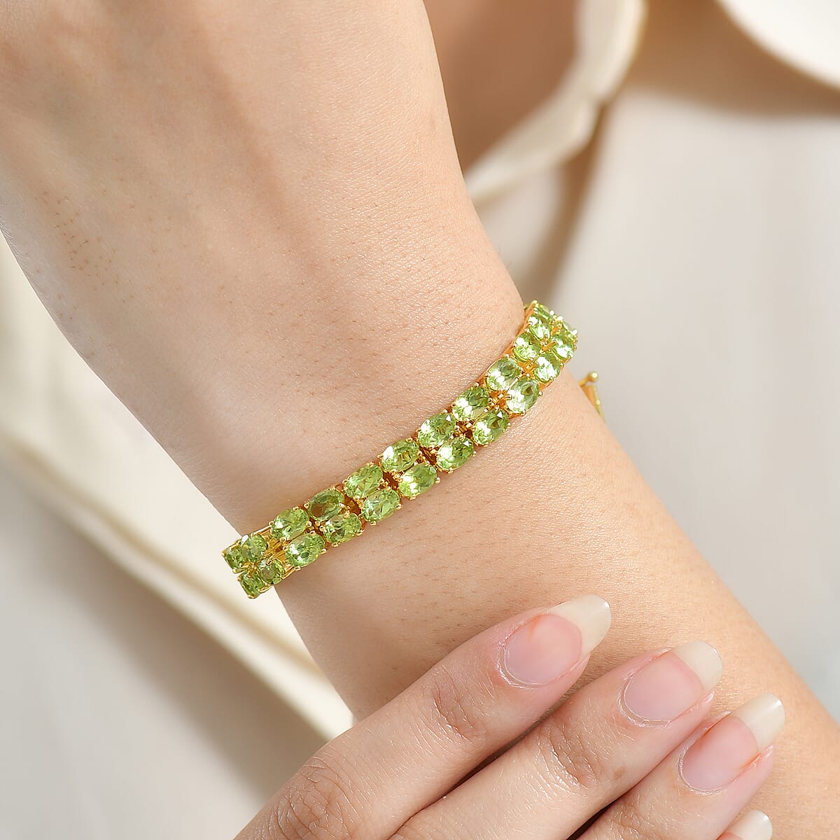 EverTrue Hebei Peridot 29.10 ctw Tow Row Carpet Bracelet in 18K YG Plated (8.00 In) image number 2