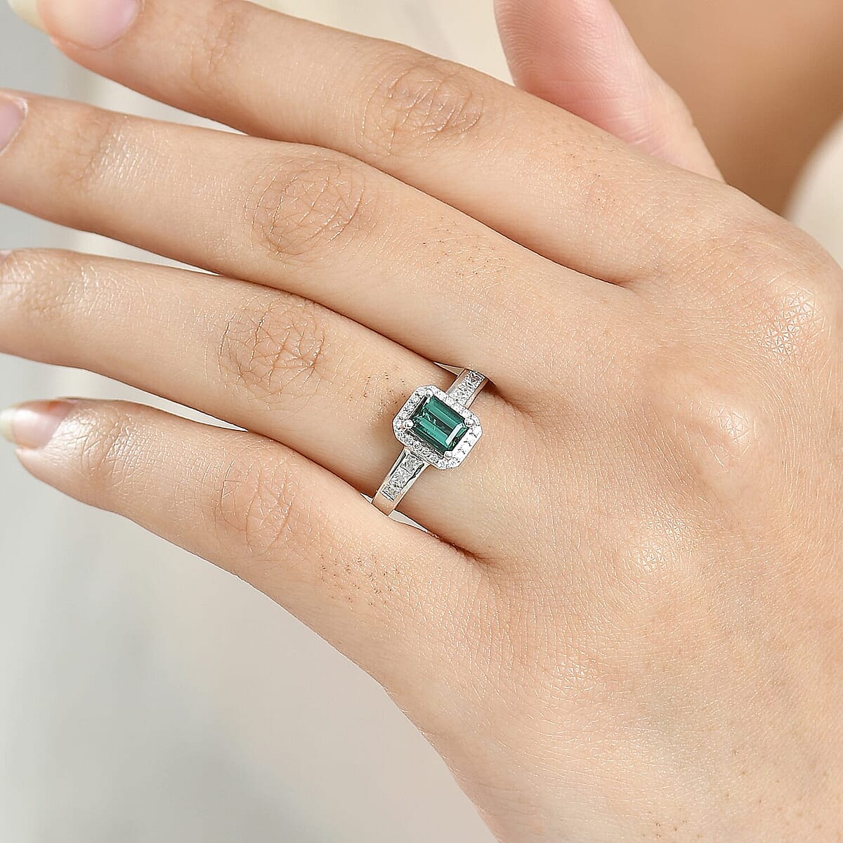 D'Joy  Pirineu Lagoon Tourmaline, Moissanite Ring in Rhodium Over Sterling Silver 1.30 ctw (Size 6.0) image number 2