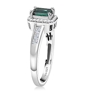 D'Joy  Pirineu Lagoon Tourmaline, Moissanite Ring in Rhodium Over Sterling Silver 1.30 ctw (Size 8.0)