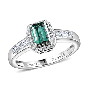 D'Joy  Pirineu Lagoon Tourmaline, Moissanite Ring in Rhodium Over Sterling Silver 1.30 ctw (Size 9.0)