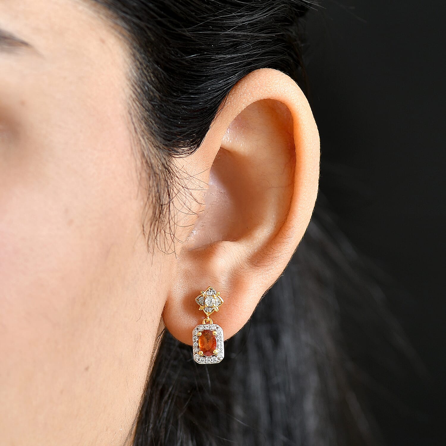 D'Joy Premium Ceylon Hessonite Garnet and White Zircon 1.70 ctw Earrings in 18K YG Plated Sterling Silver