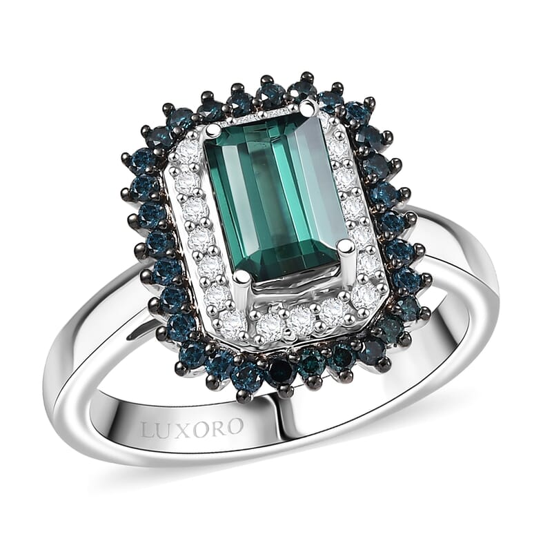 Luxoro AAA Pirineu Lagoon Tourmaline, Blue Diamond, Diamond (I2) Ring in 10K White Gold 2.20 ctw (Size 10.0)