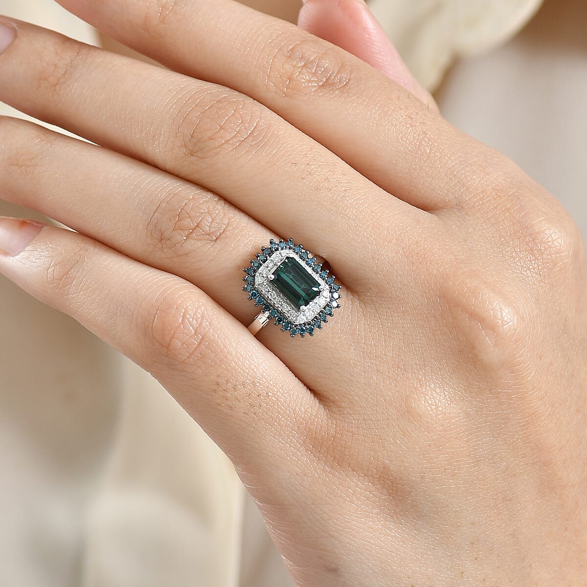 Luxoro AAA Pirineu Lagoon Tourmaline, Blue Diamond, Diamond (I2) Ring in 10K White Gold 2.20 ctw (Size 10.0) image number 2