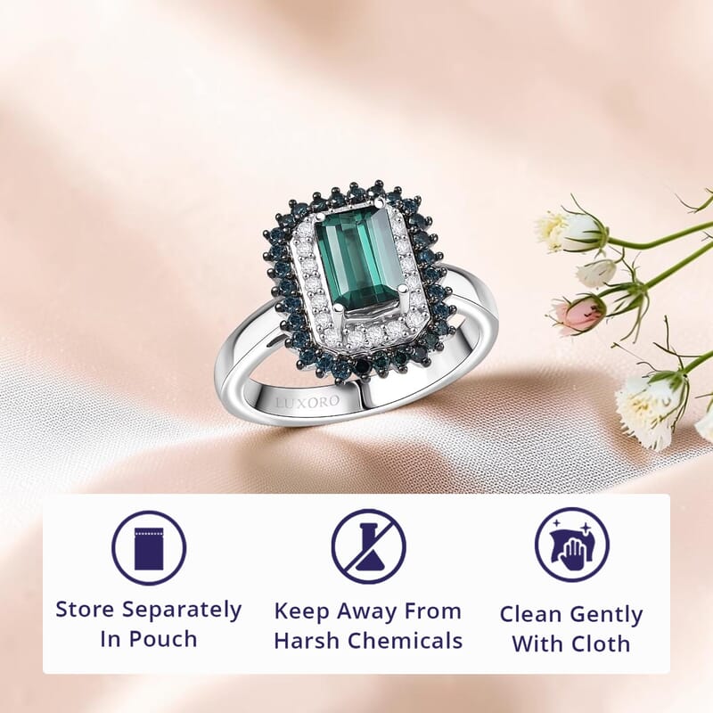 Luxoro AAA Pirineu Lagoon Tourmaline, Blue Diamond, Diamond (I2) Ring in 10K White Gold 2.20 ctw (Size 10.0)