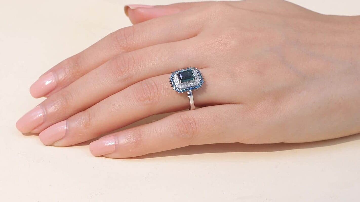Luxoro 10K White Gold AAA Pirineu Lagoon Tourmaline, Blue Diamond (IR) and Diamond (I2) (0. 45 cts) Ring (Size 10.0) (4.30 g) 2.20 ctw