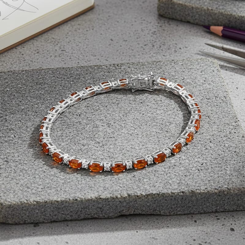 D'Joy Premium Ratnapura Hessonite Garnet and White Zircon 8.00 ctw Bracelet in Rhodium Over Sterling Silver (7.50 In)