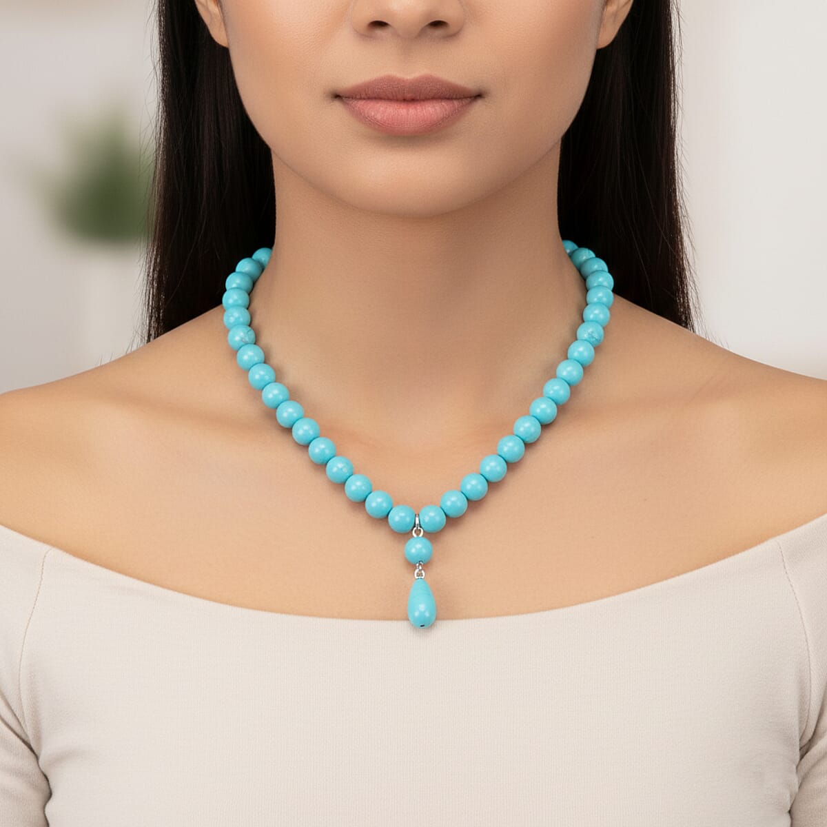 Sleeping Beauty Color Shell Pearl Drop Necklace in Stainless Steel 20 Inches image number 2