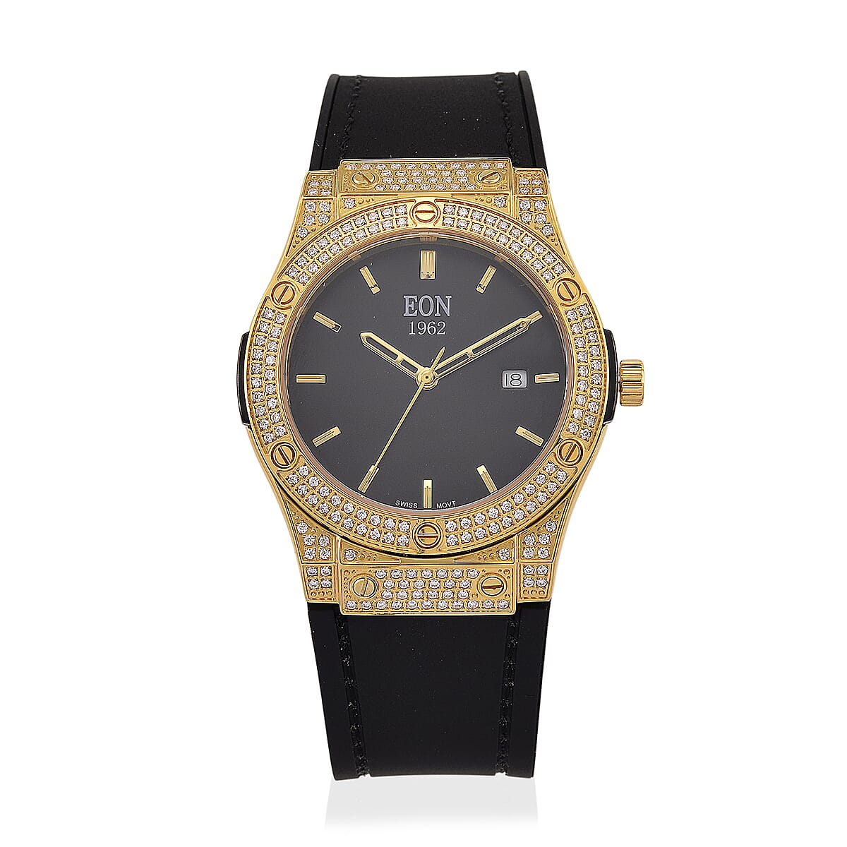 Doorbuster EON 1962 Moissanite Ronda 505 with Date Swiss Movement Watch with Leather Strap in ION Plated YG 3.00 ctw image number 0