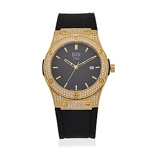 Doorbuster EON 1962 Moissanite Ronda 505 with Date Swiss Movement Watch with Leather Strap in ION Plated YG 3.00 ctw