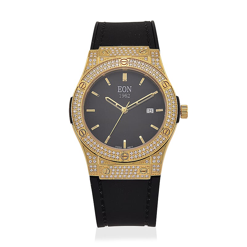 EON 1962 Moissanite Ronda 505 with Date Swiss Movement Watch with Leather Strap in ION Plated YG 3.00 ctw