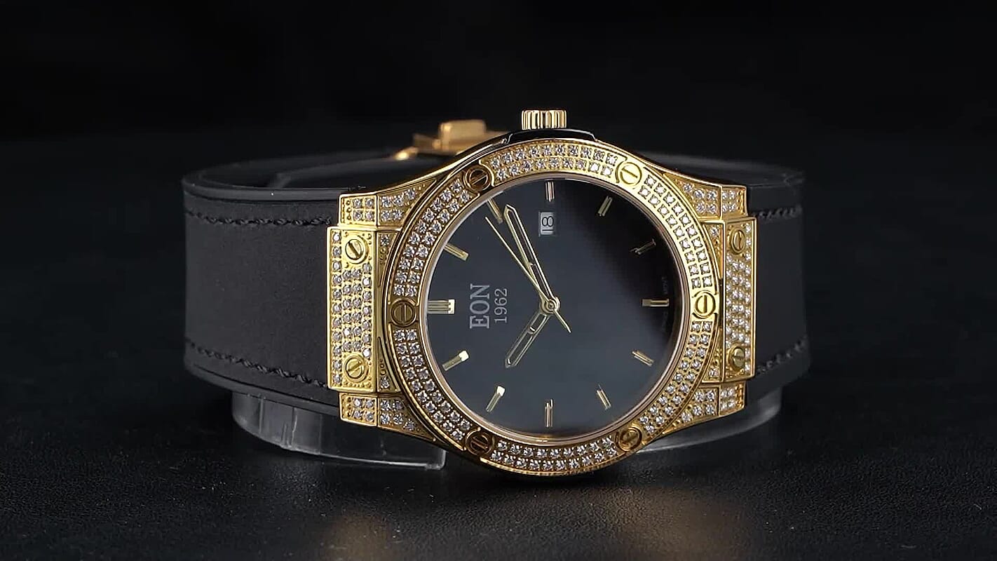 EON 1962 Moissanite Ronda 505 with Date Swiss Movement Ladies Watch in ION Plated YG Stainless Steel 3.00 ctw