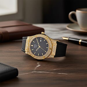 Doorbuster EON 1962 Moissanite Ronda 505 with Date Swiss Movement Watch with Leather Strap in ION Plated YG 3.00 ctw