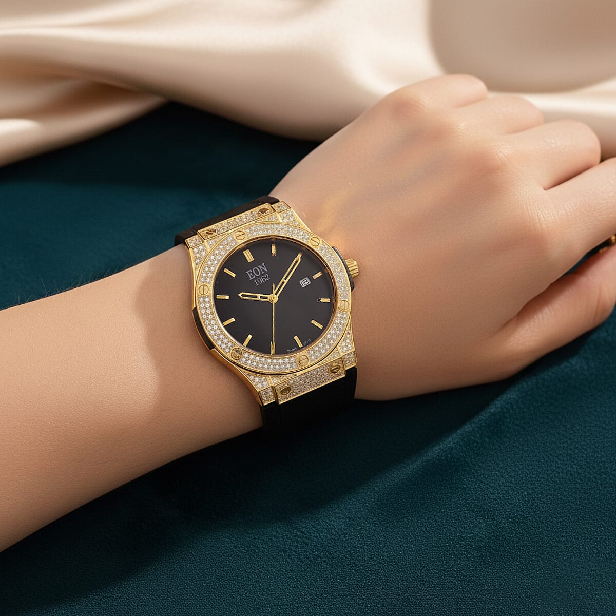 Doorbuster EON 1962 Moissanite Ronda 505 with Date Swiss Movement Watch with Leather Strap in ION Plated YG 3.00 ctw image number 2