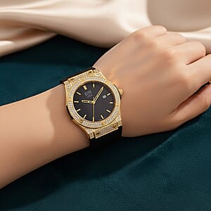 Doorbuster EON 1962 Moissanite Ronda 505 with Date Swiss Movement Watch with Leather Strap in ION Plated YG 3.00 ctw