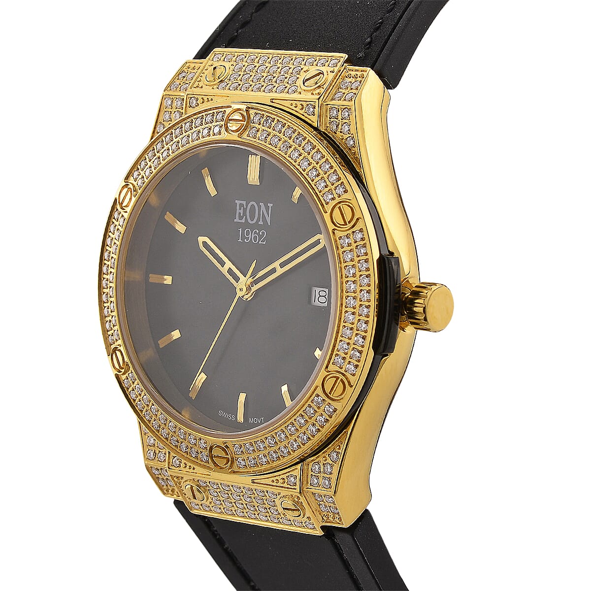 Doorbuster EON 1962 Moissanite Ronda 505 with Date Swiss Movement Watch with Leather Strap in ION Plated YG 3.00 ctw image number 3