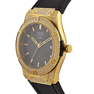 Doorbuster EON 1962 Moissanite Ronda 505 with Date Swiss Movement Watch with Leather Strap in ION Plated YG 3.00 ctw