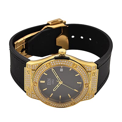 EON 1962 Moissanite Ronda 505 with Date Swiss Movement Watch with Leather Strap in ION Plated YG 3.00 ctw