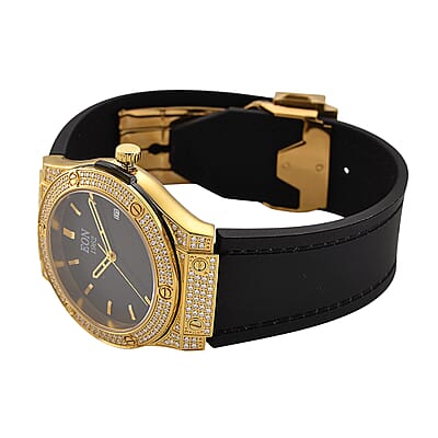 EON 1962 Moissanite Ronda 505 with Date Swiss Movement Watch with Leather Strap in ION Plated YG 3.00 ctw