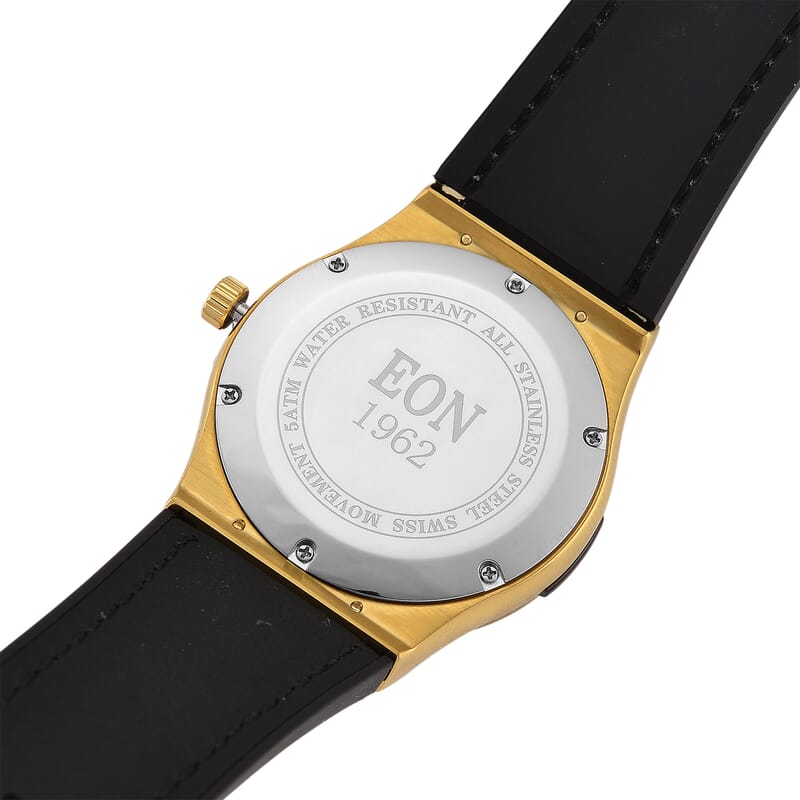 EON 1962 Moissanite Ronda 505 with Date Swiss Movement Watch with Leather Strap in ION Plated YG 3.00 ctw