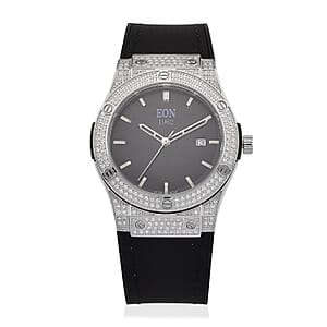  EON 1962 Moissanite Ronda 505 with Date Swiss Movement Watch with Leather Strap in Stainless Steel 3.00 ctw