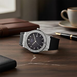  EON 1962 Moissanite Ronda 505 with Date Swiss Movement Watch with Leather Strap in Stainless Steel 3.00 ctw