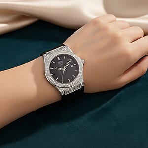  EON 1962 Moissanite Ronda 505 with Date Swiss Movement Watch with Leather Strap in Stainless Steel 3.00 ctw