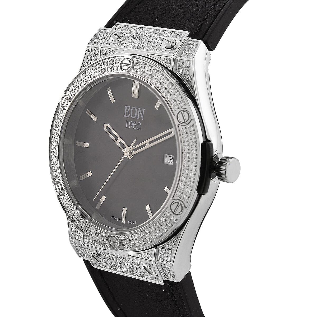  EON 1962 Moissanite Ronda 505 with Date Swiss Movement Watch with Leather Strap in Stainless Steel 3.00 ctw image number 3