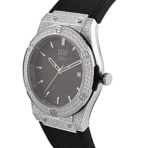  EON 1962 Moissanite Ronda 505 with Date Swiss Movement Watch with Leather Strap in Stainless Steel 3.00 ctw