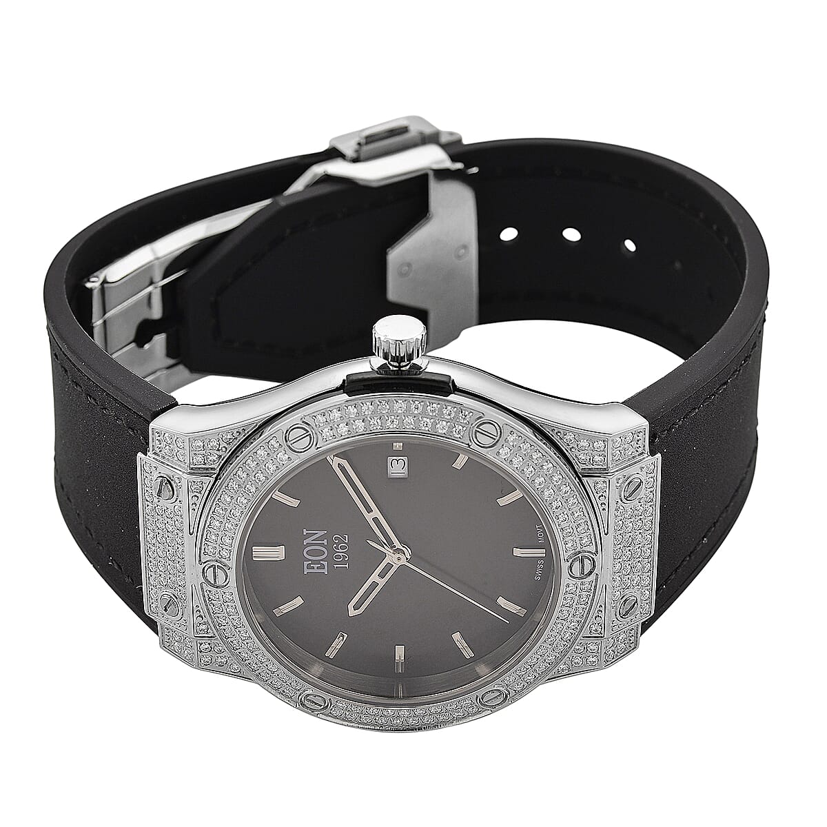  EON 1962 Moissanite Ronda 505 with Date Swiss Movement Watch with Leather Strap in Stainless Steel 3.00 ctw image number 4