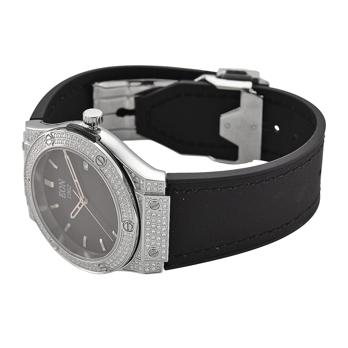  EON 1962 Moissanite Ronda 505 with Date Swiss Movement Watch with Leather Strap in Stainless Steel 3.00 ctw image number 5