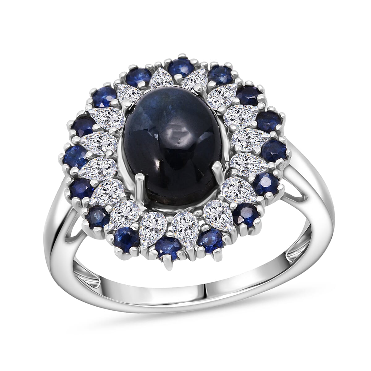 D'Joy Premium Blue Star Sapphire (DF), Multi Gemstone Celestial Bloom Ring in Rhodium Over Sterling Silver (Size 10.0) 6.20 ctw image number 0