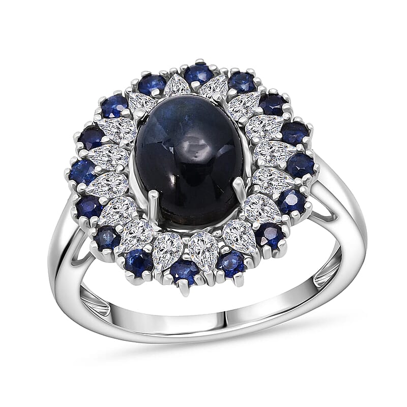 D'Joy Premium Blue Star Sapphire (DF) and Multi Gemstone 6.20 ctw Royal Double Halo Ring in Rhodium Over Sterling Silver (Size 10.0)