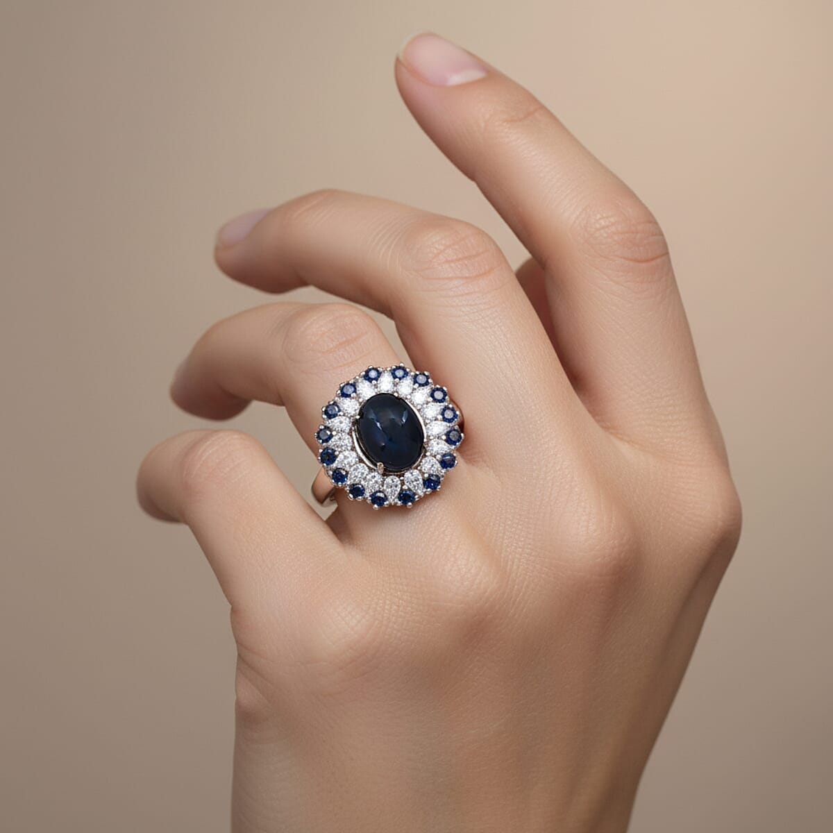 D'Joy Premium Blue Star Sapphire (DF), Multi Gemstone Celestial Bloom Ring in Rhodium Over Sterling Silver (Size 10.0) 6.20 ctw image number 2