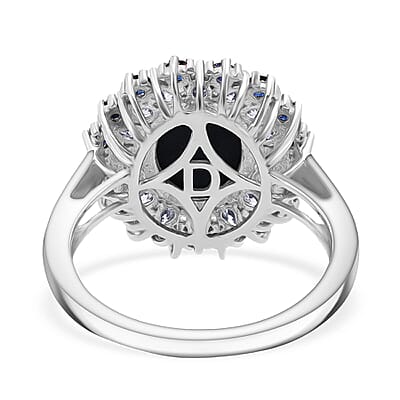D'Joy Premium Blue Star Sapphire (DF) and Multi Gemstone 6.20 ctw Royal Double Halo Ring in Rhodium Over Sterling Silver (Size 10.0)